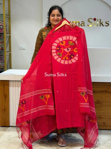 Pure Cotton Handloom Dress Material Circle Design Dusty Red