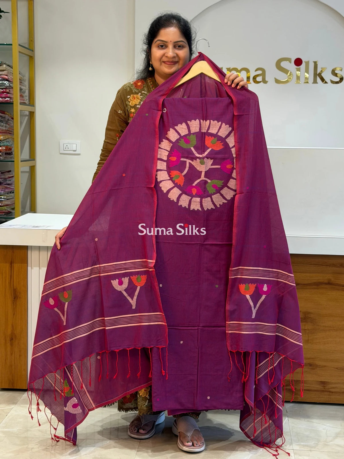 Pure Cotton Handloom Dress Material Circle Design Purple Red Mix Shade Wine Color
