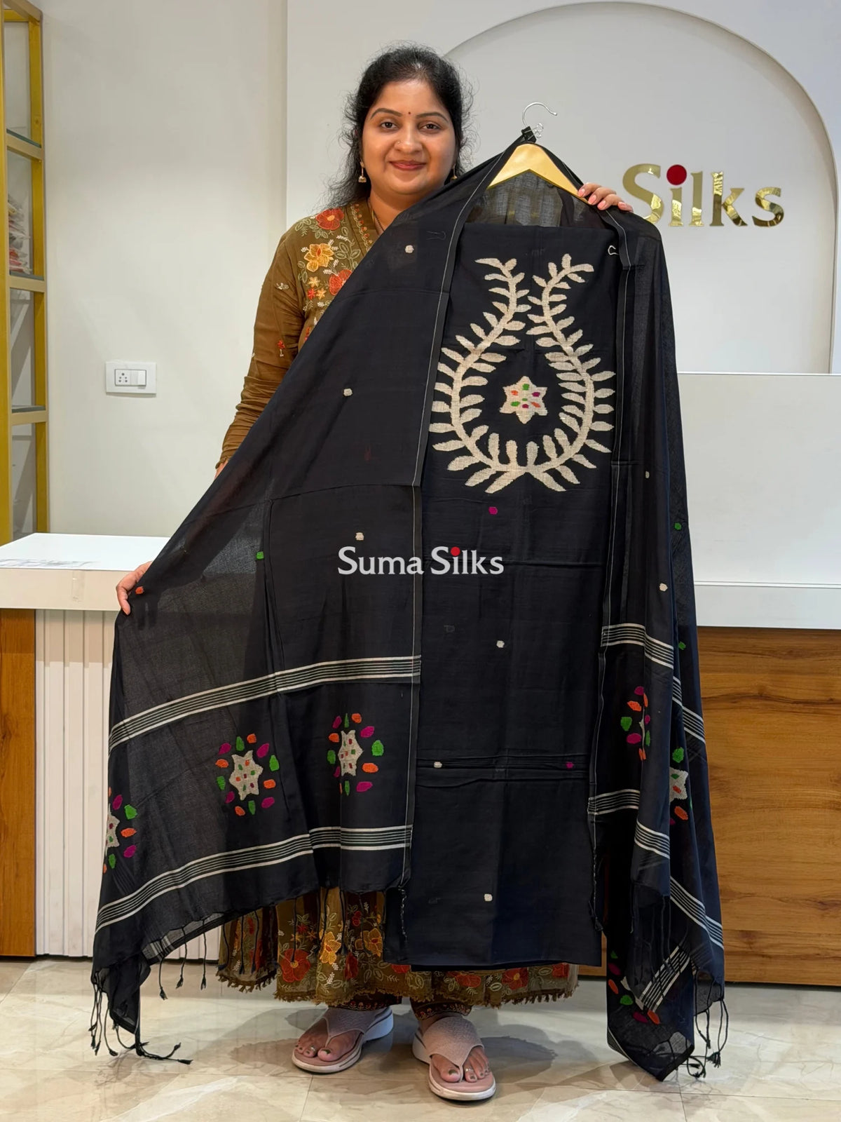 Pure Cotton Handloom Dress Material Pot Design Black Color