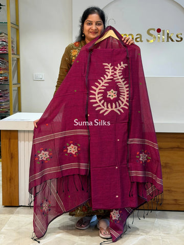 Pure Cotton Handloom Dress Material Pot Design Wine Color Kind of Magenta