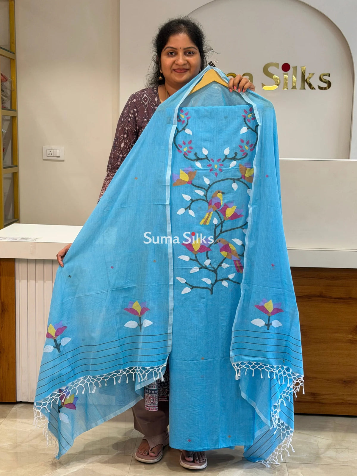 Pure Cotton Jamdani Creeper Sparrow Neck Design Sky Blue Color