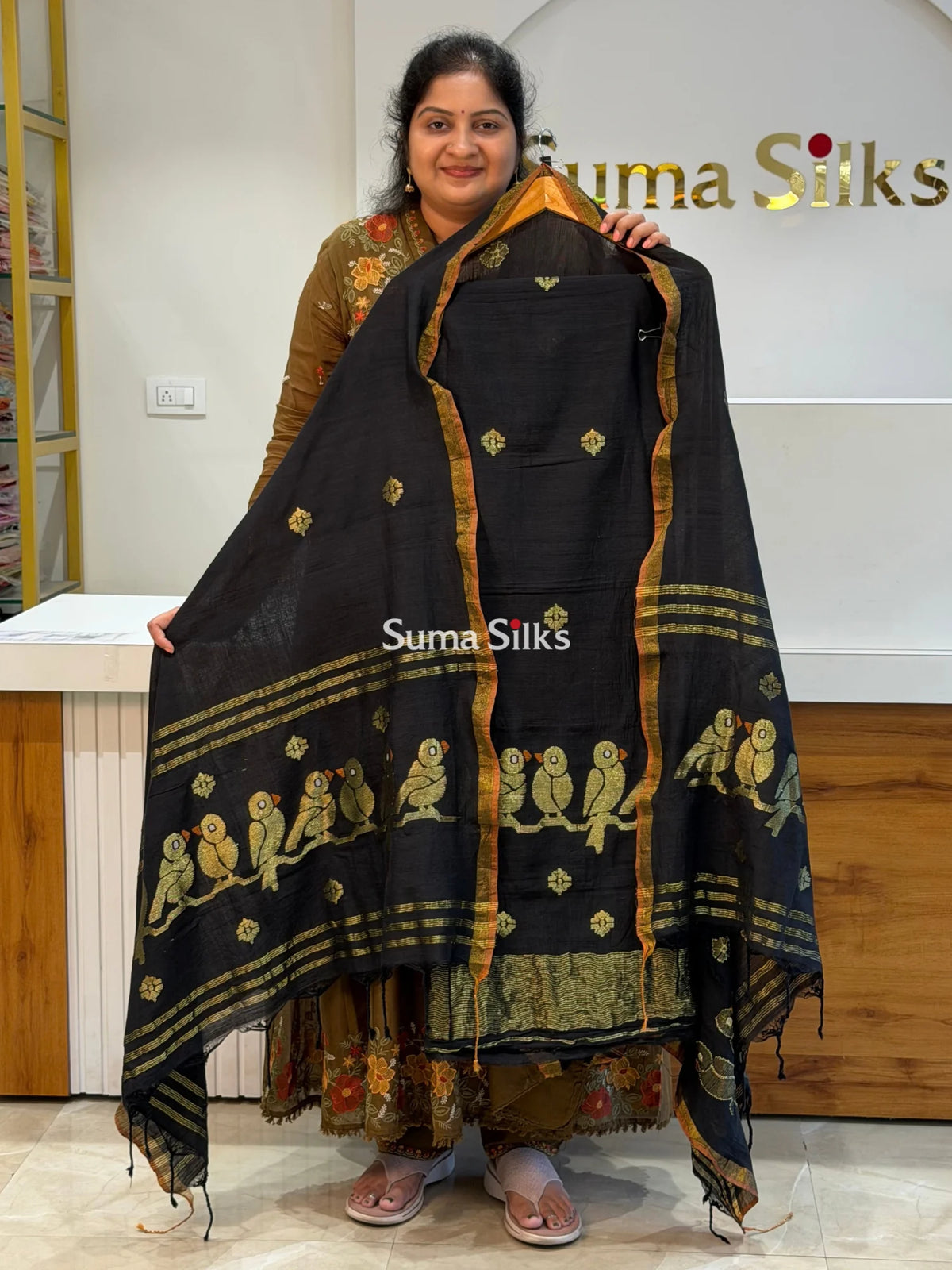 Pure Cotton Jamdani Handloom Collections Neck Pattern Black Color Daman Bird Design