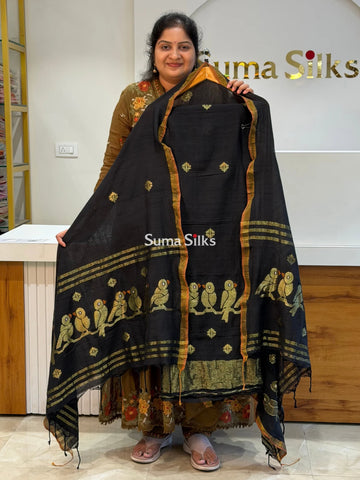 Pure Cotton Jamdani Handloom Collections Neck Pattern Black Color Daman Bird Design