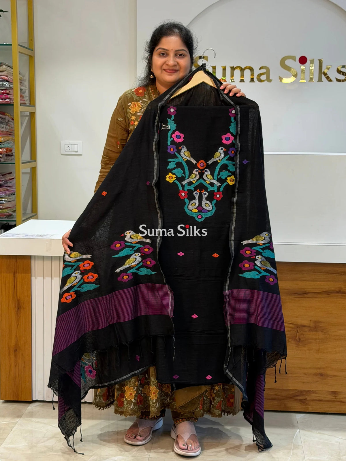 Pure Cotton Jamdani Handloom Collections Neck Pattern Black Color Multi Color Thread Weaving