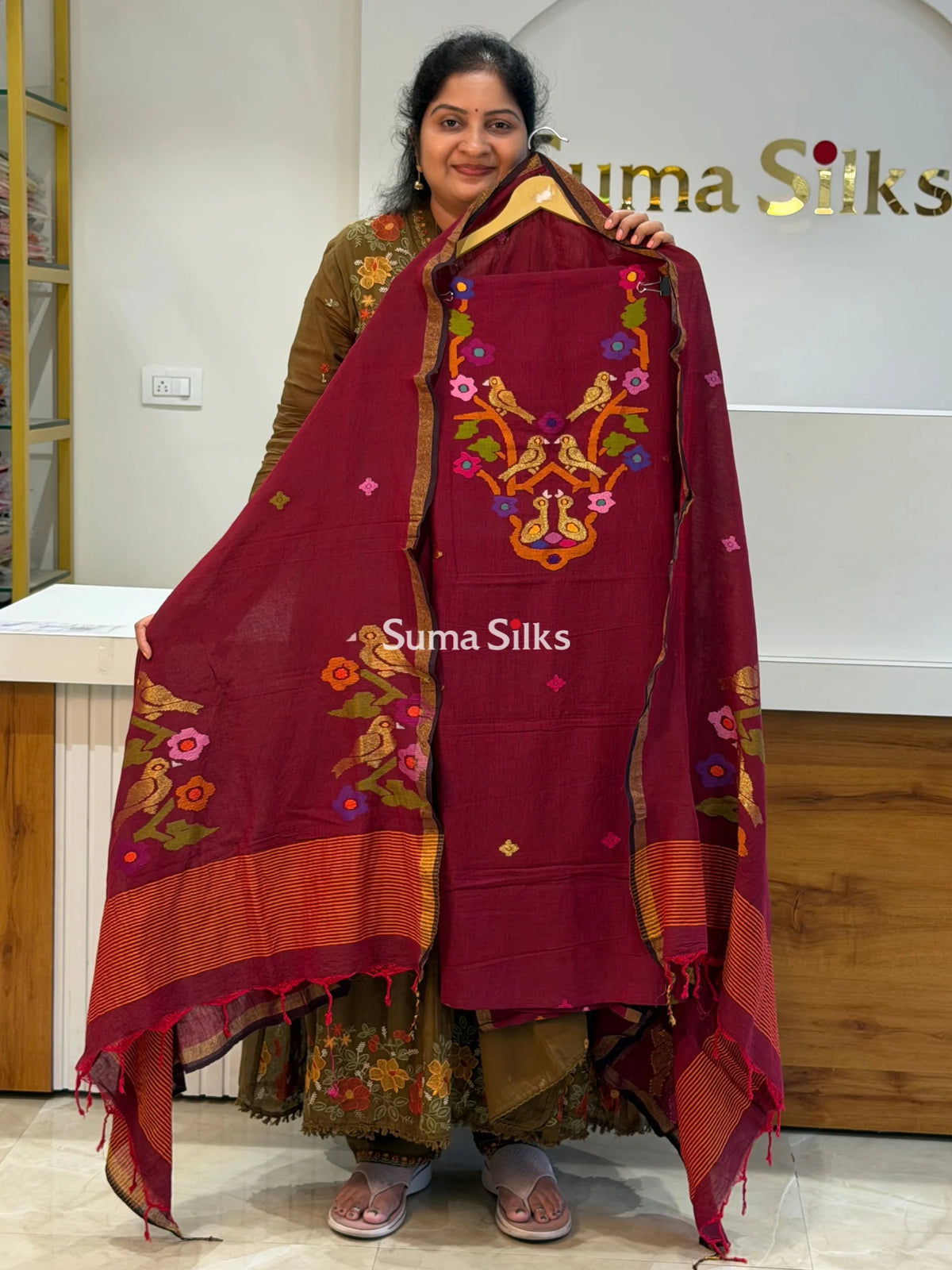 Pure Cotton Jamdani Handloom Collections Neck Pattern Maroon Color