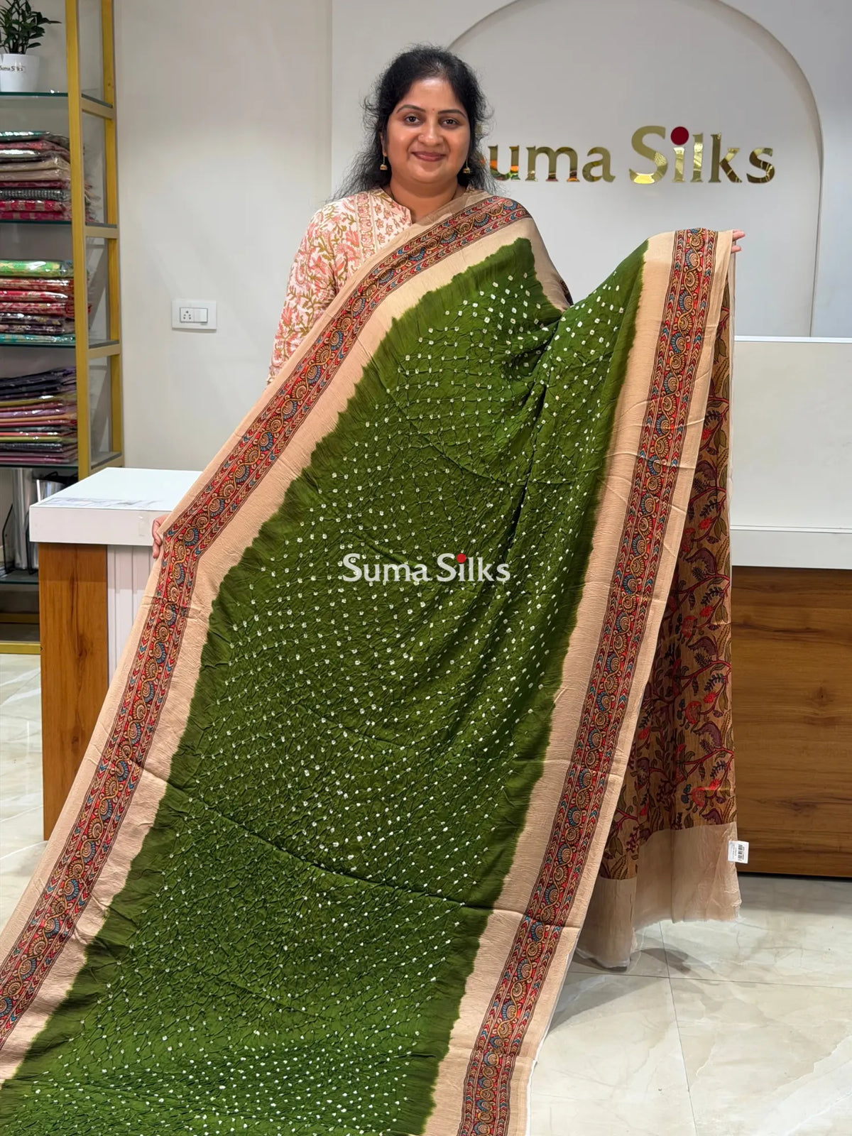 Pure Gajji Silk Bandhini Saree Green Color