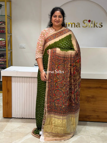 Pure Gajji Silk Bandhini Saree Green Color