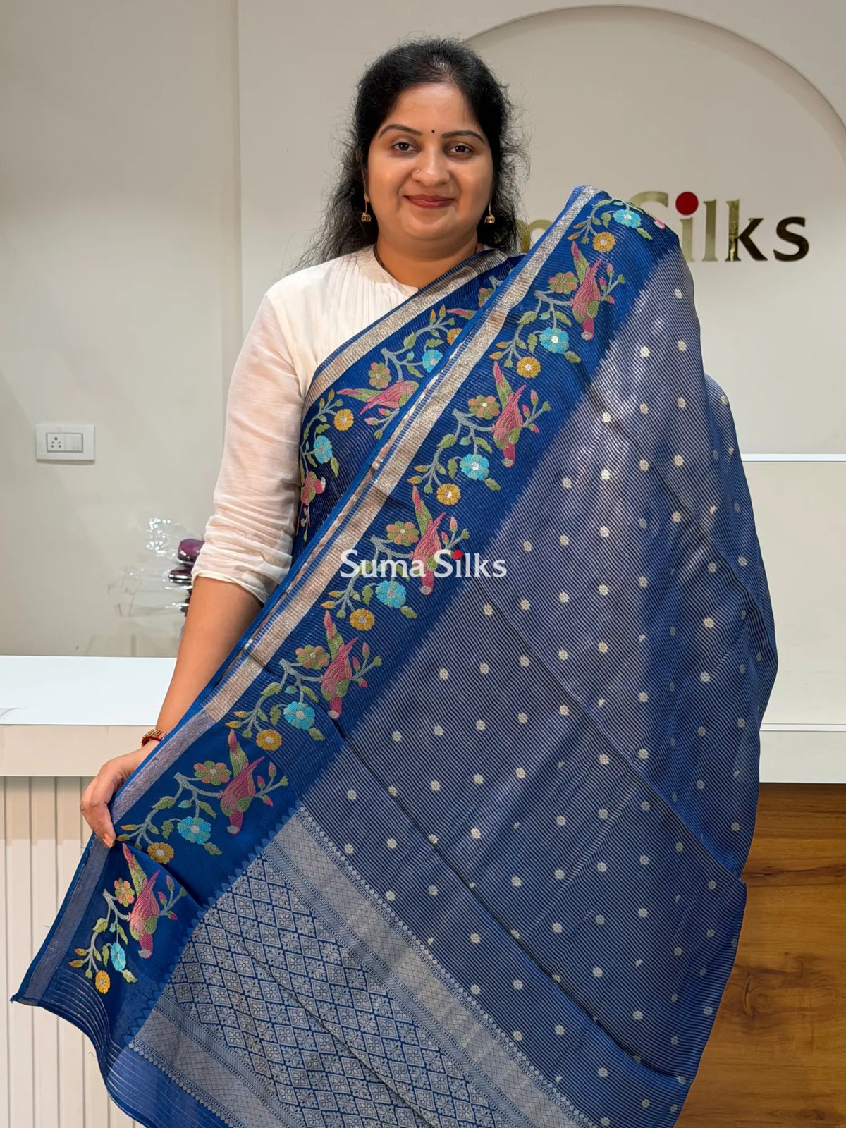 Pure Kora Tissue Saree Blue Color