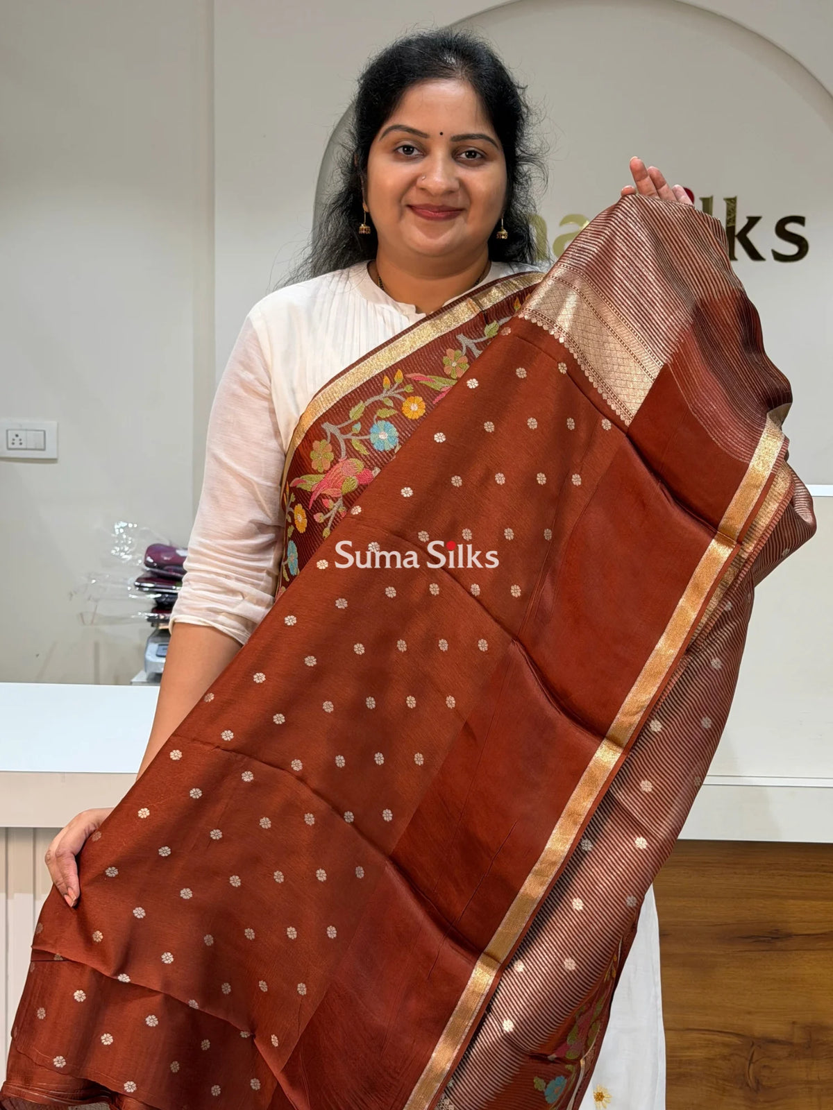 Pure Kora Tissue Saree Brown Color