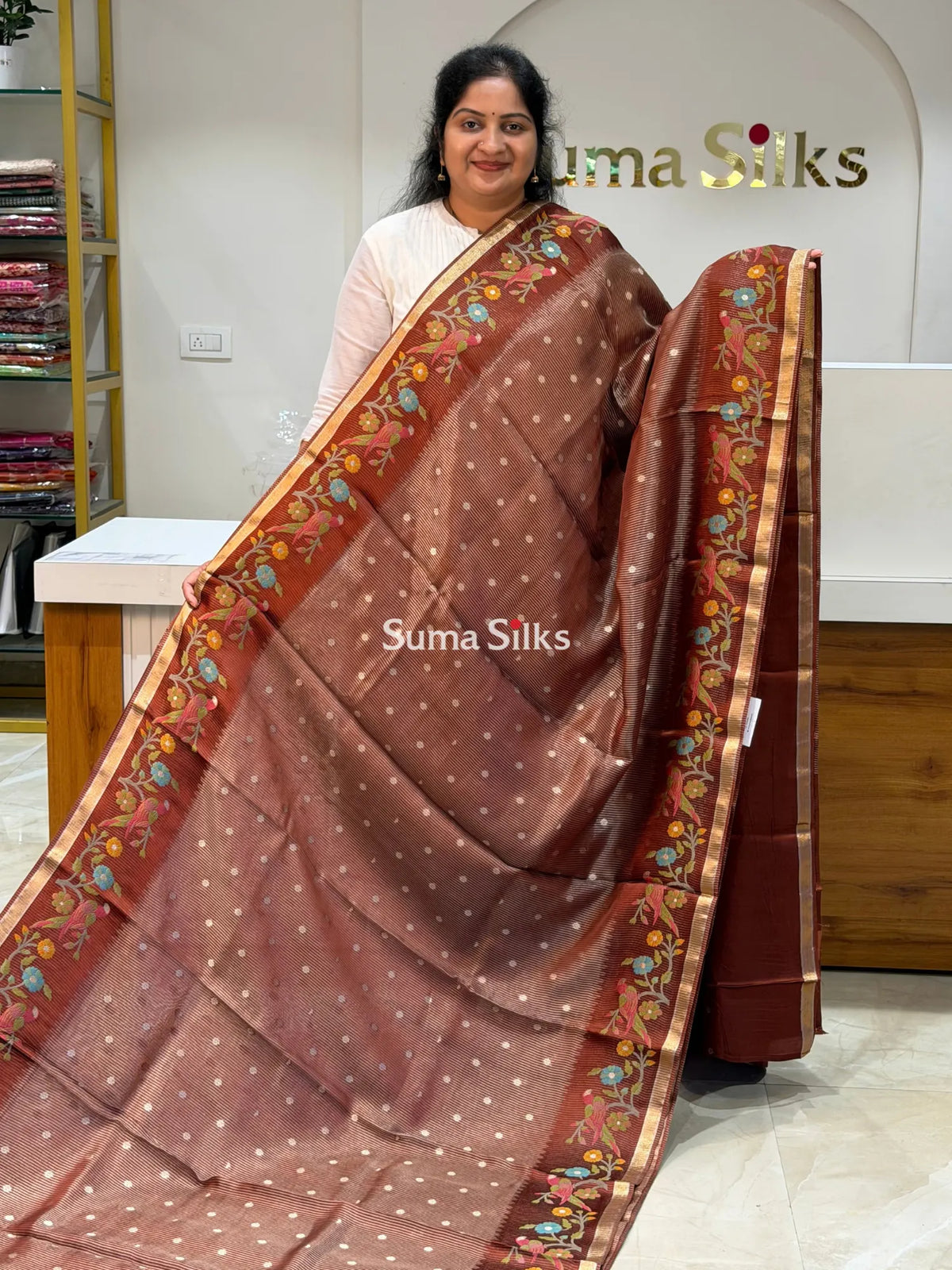Pure Kora Tissue Saree Brown Color