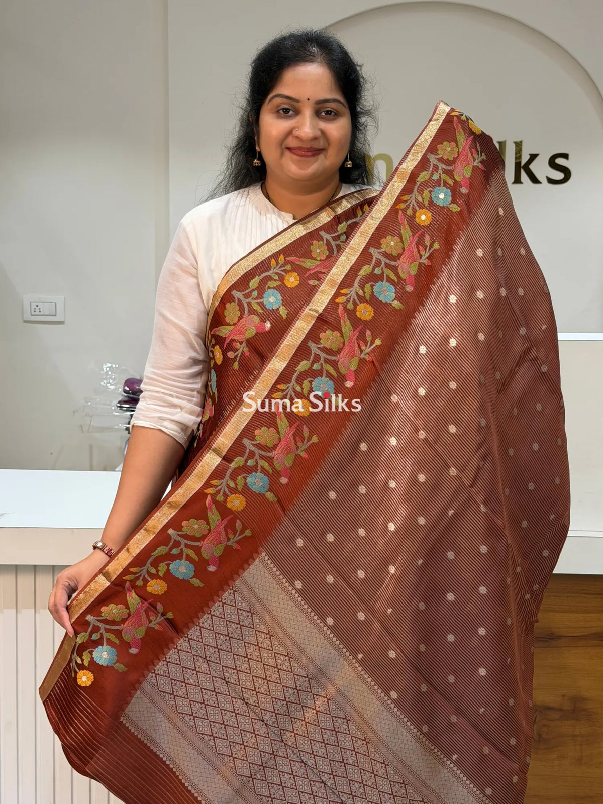 Pure Kora Tissue Saree Brown Color