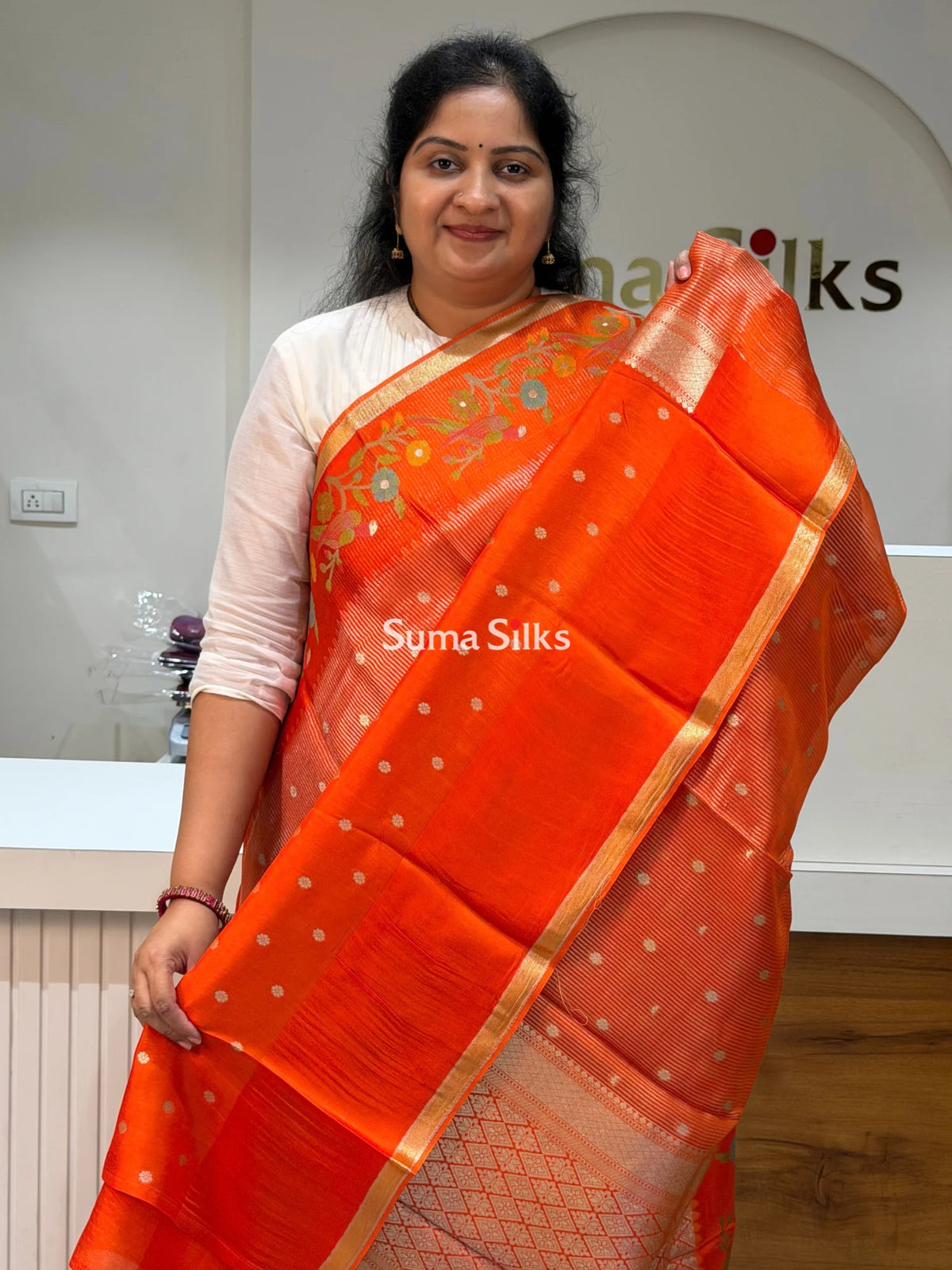 Pure Kora Tissue Saree Orange Color