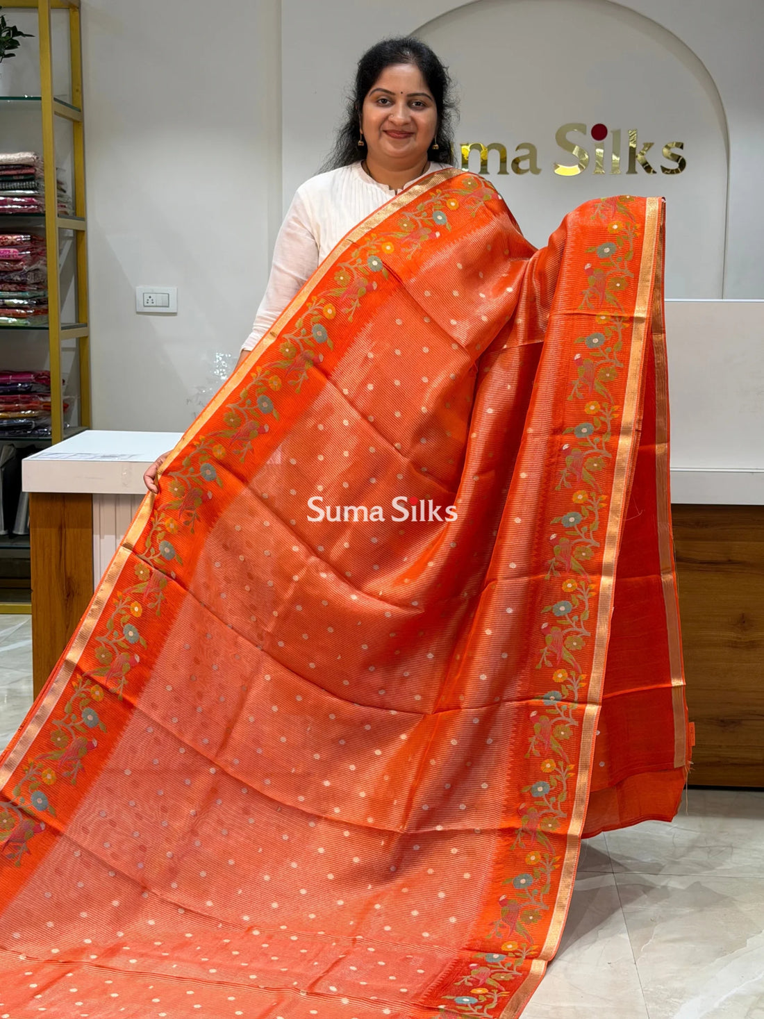 Pure Kora Tissue Saree Orange Color