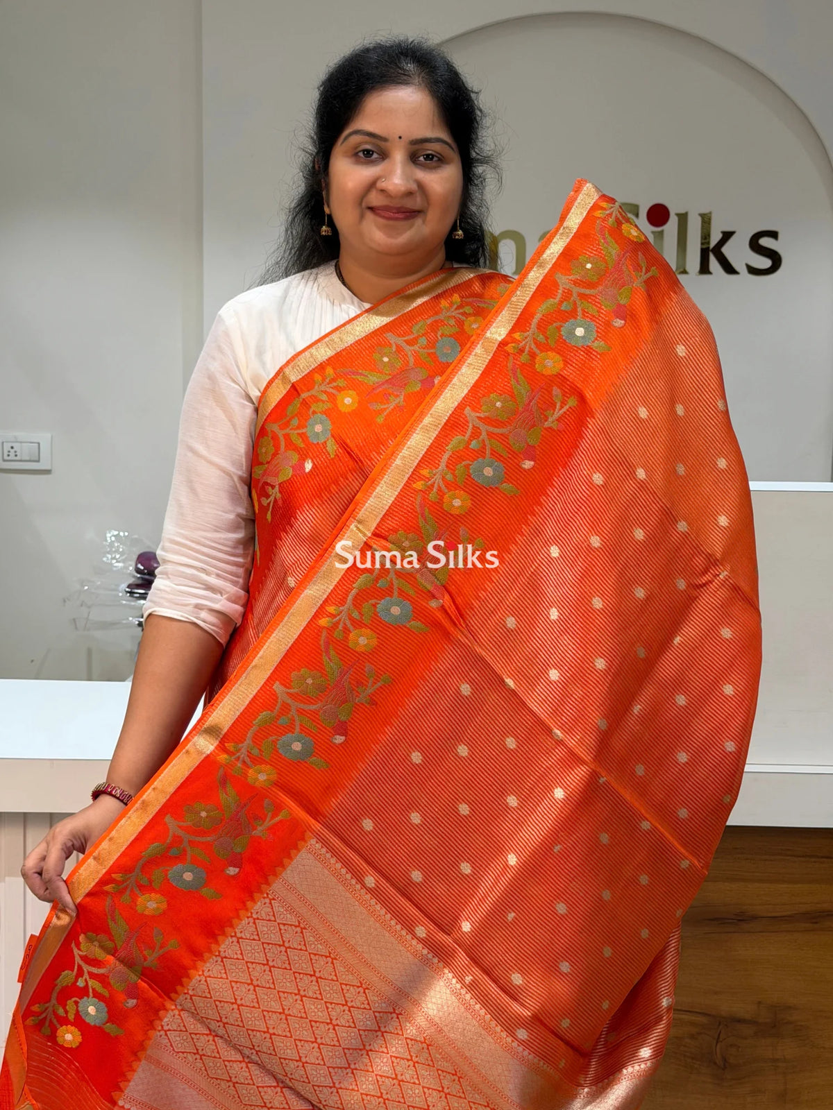 Pure Kora Tissue Saree Orange Color