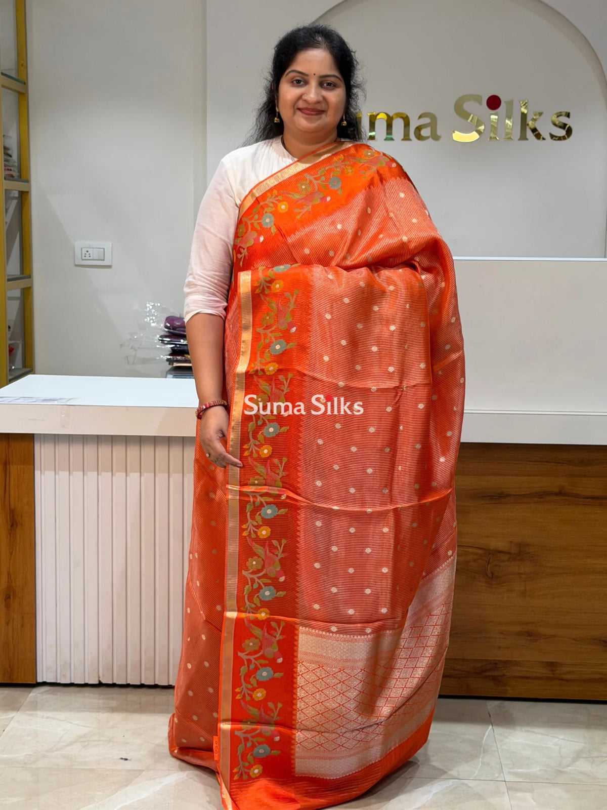 Pure Kora Tissue Saree Orange Color