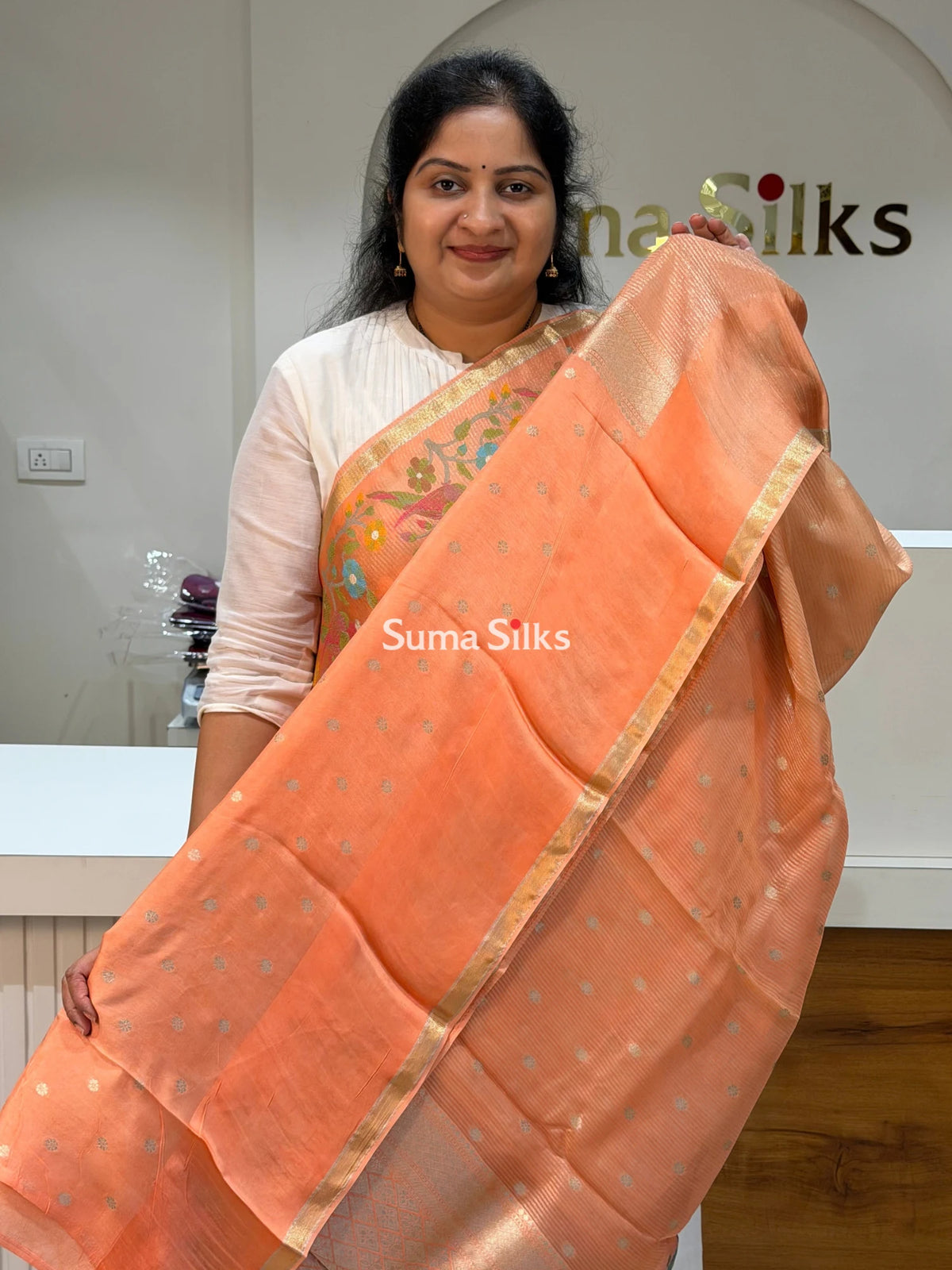 Pure Kora Tissue Saree Peach Color