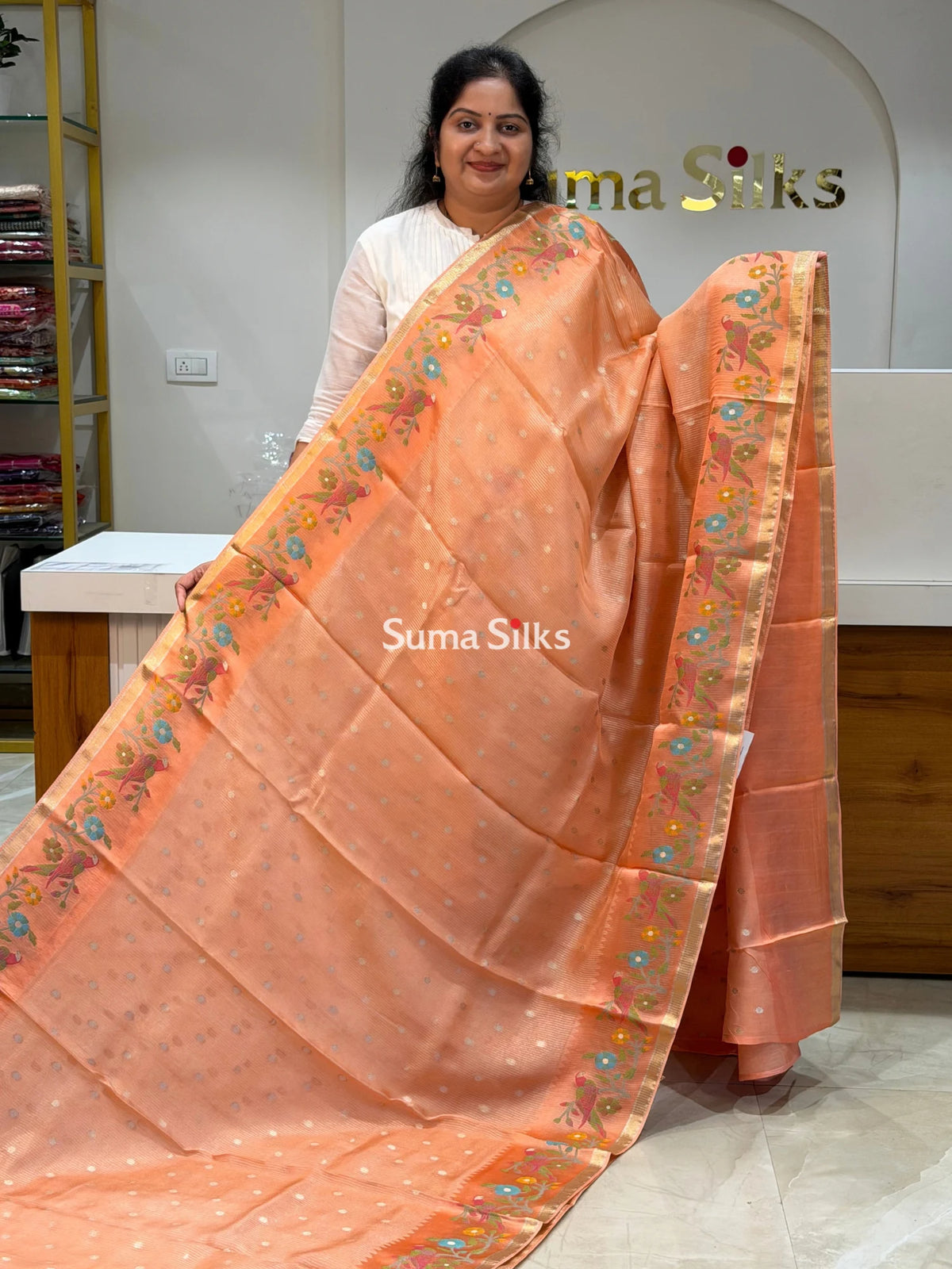 Pure Kora Tissue Saree Peach Color