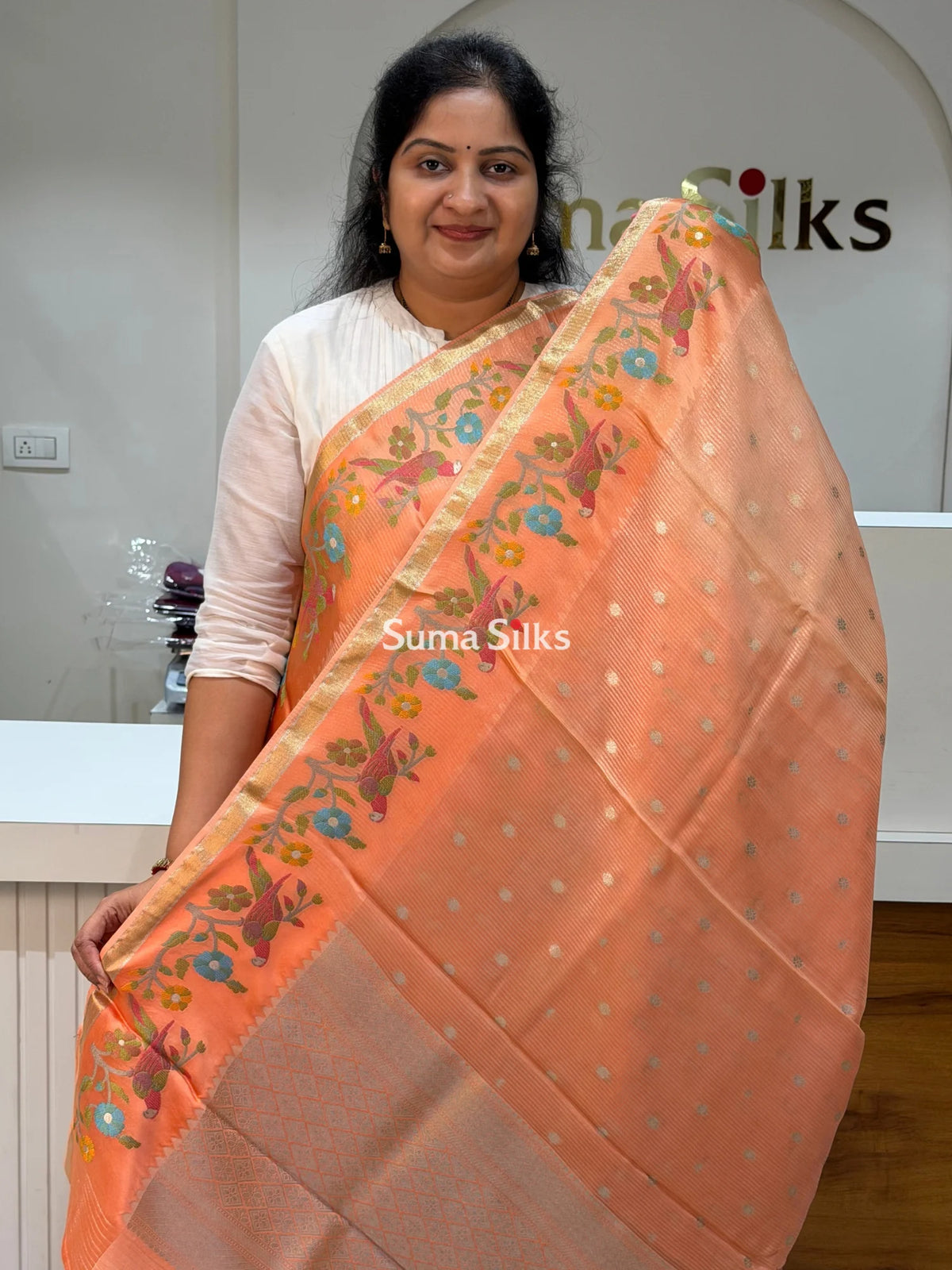 Pure Kora Tissue Saree Peach Color