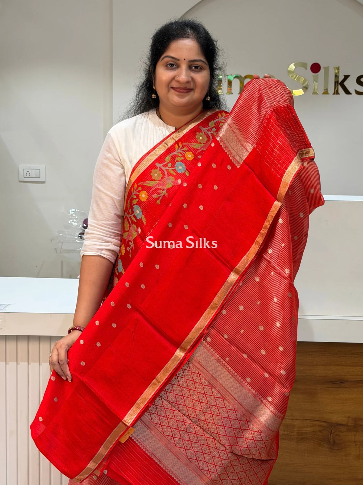 Pure Kora Tissue Saree Red Color