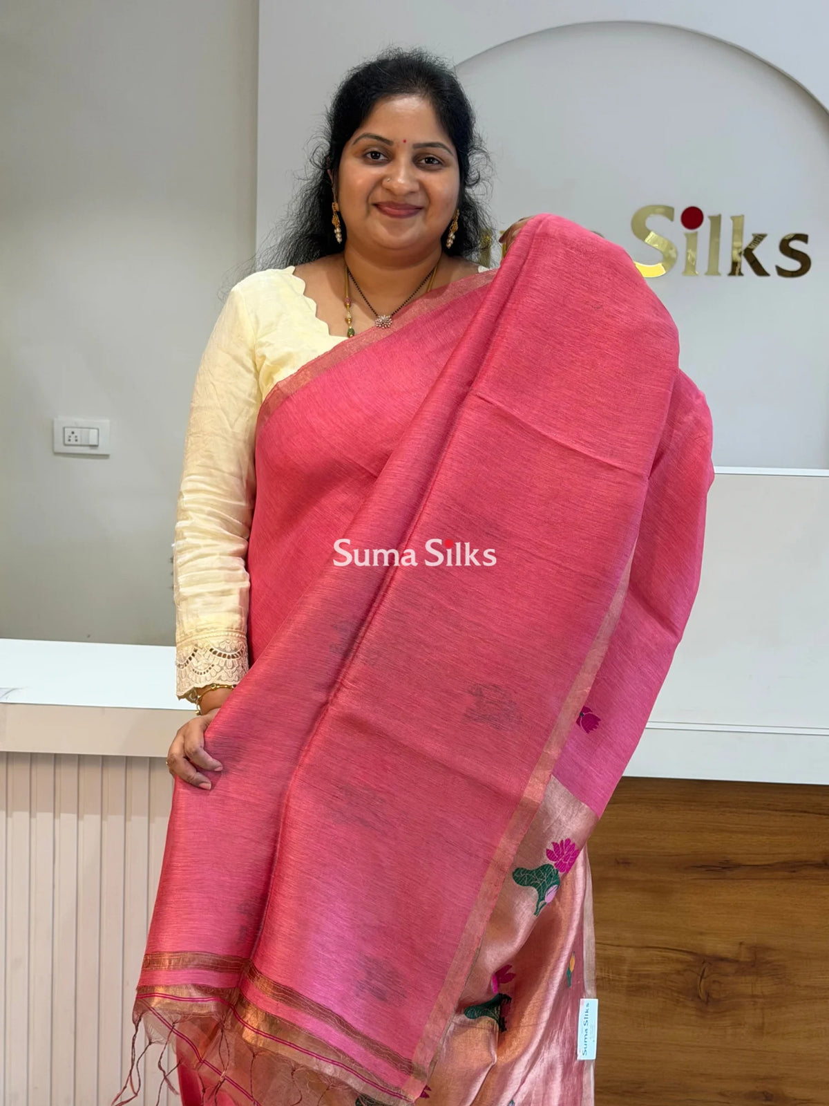 Pure Linen Silk Jamdani Handloom Onion Color Saree