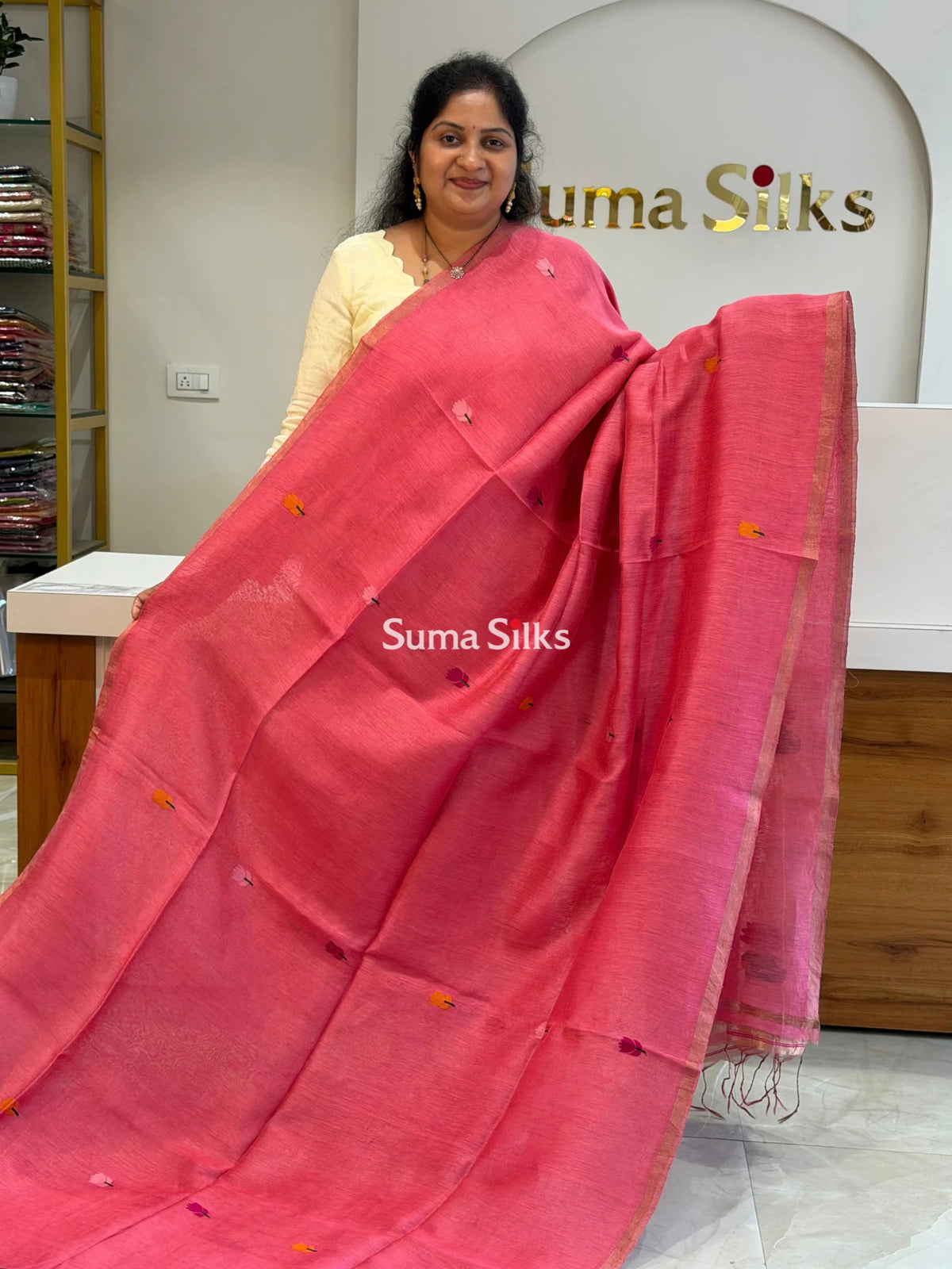 Pure Linen Silk Jamdani Handloom Onion Color Saree