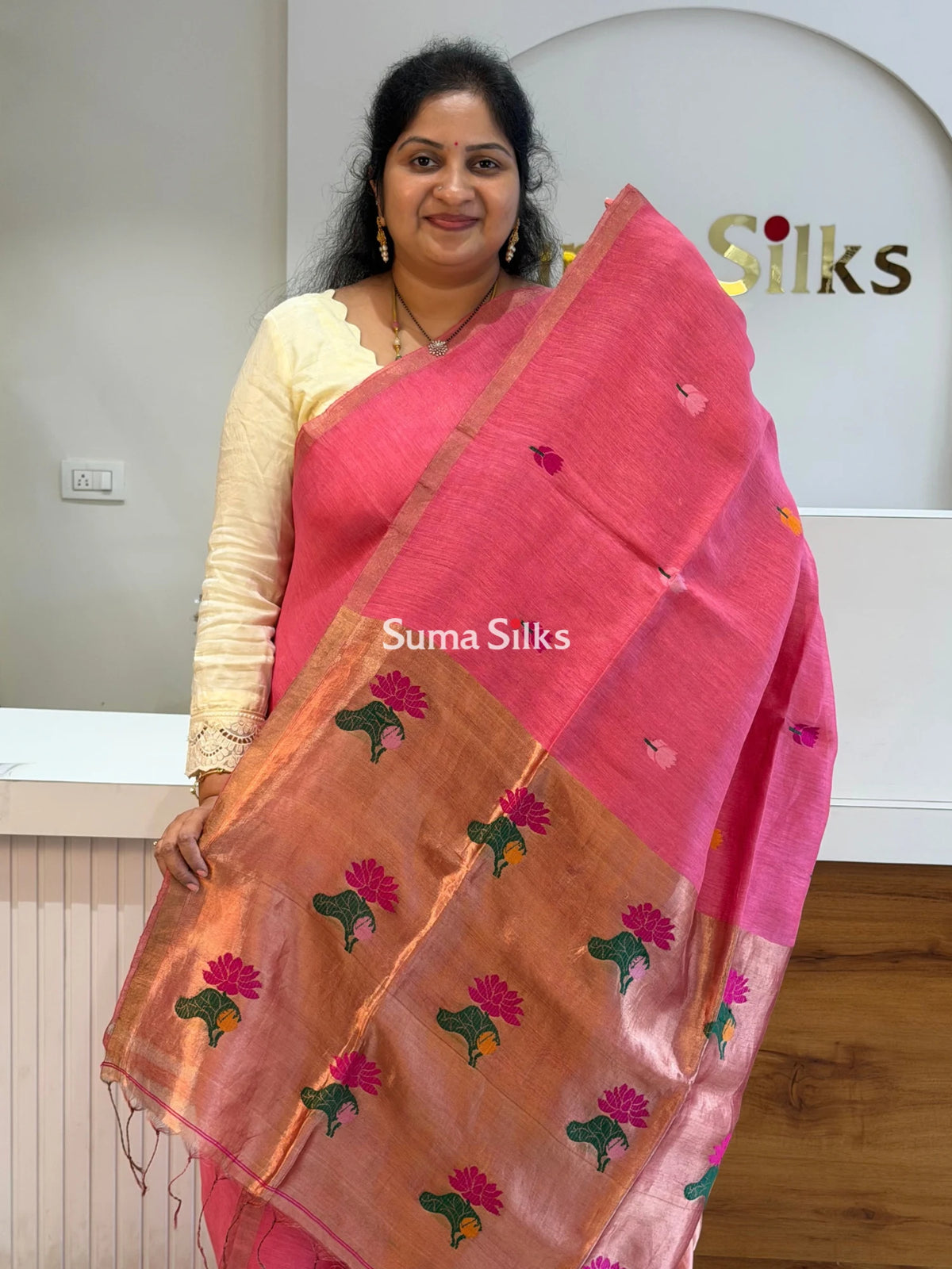 Pure Linen Silk Jamdani Handloom Onion Color Saree