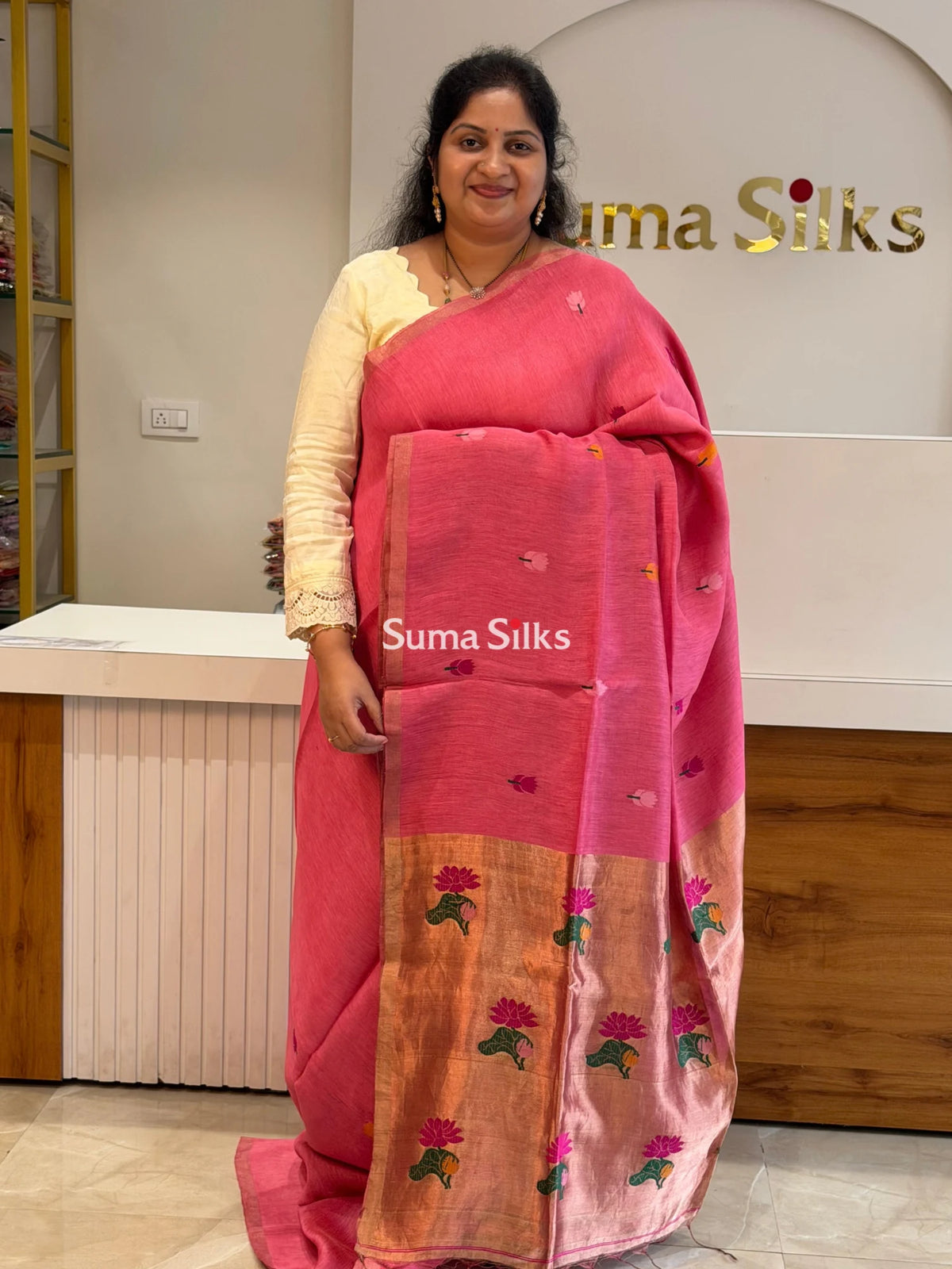 Pure Linen Silk Jamdani Handloom Onion Color Saree