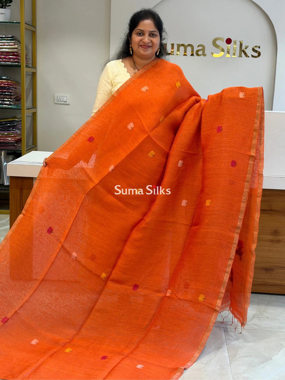 Pure Linen Silk Jamdani Handloom Orange Color Saree