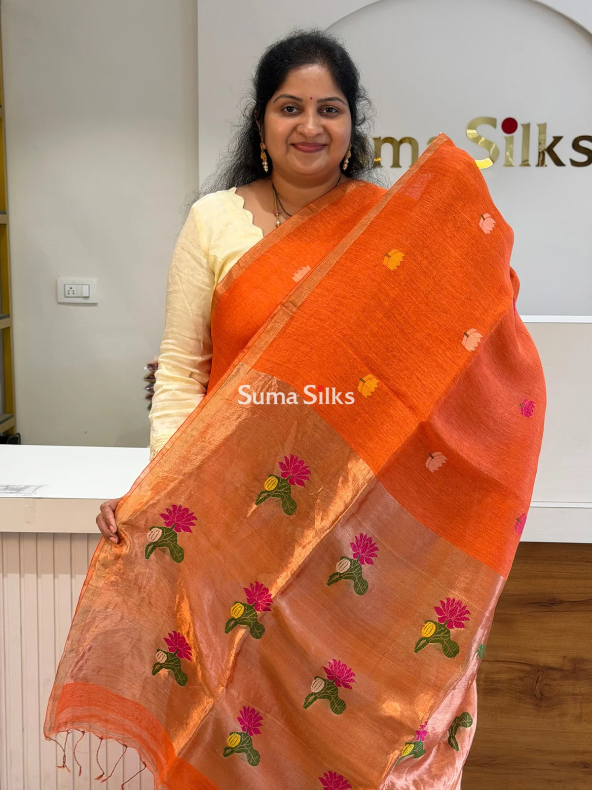 Pure Linen Silk Jamdani Handloom Orange Color Saree