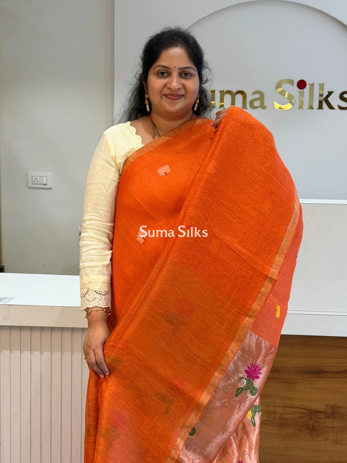 Pure Linen Silk Jamdani Handloom Orange Color Saree