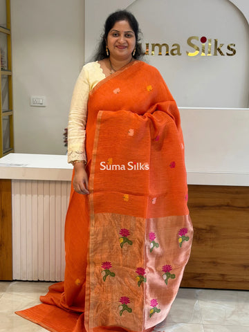Pure Linen Silk Jamdani Handloom Orange Color Saree