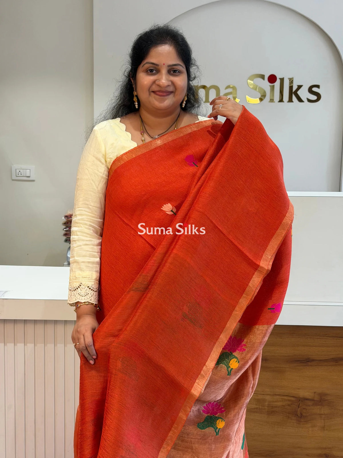 Pure Linen Silk Jamdani Handloom Rust Color Saree
