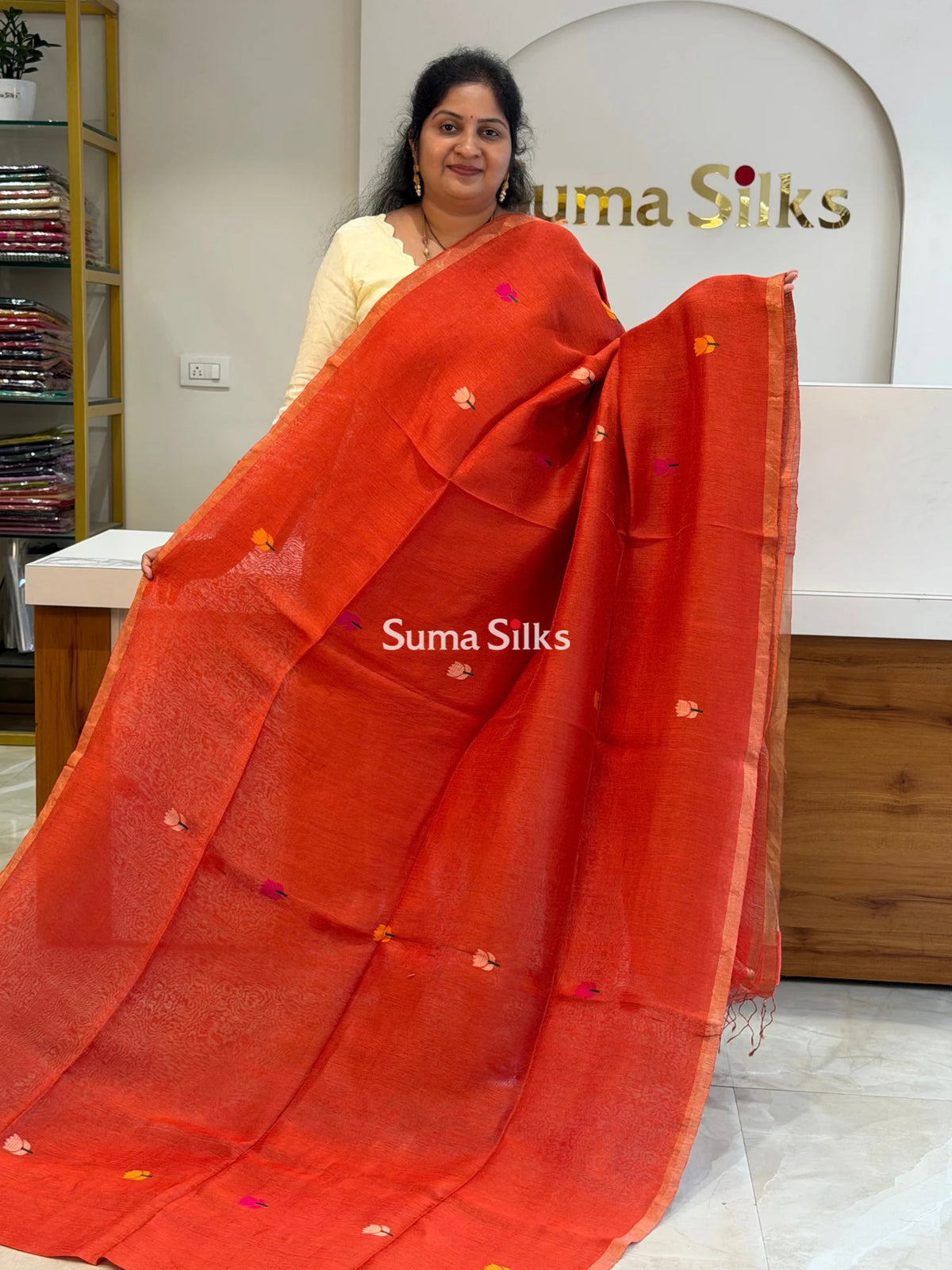 Pure Linen Silk Jamdani Handloom Rust Color Saree