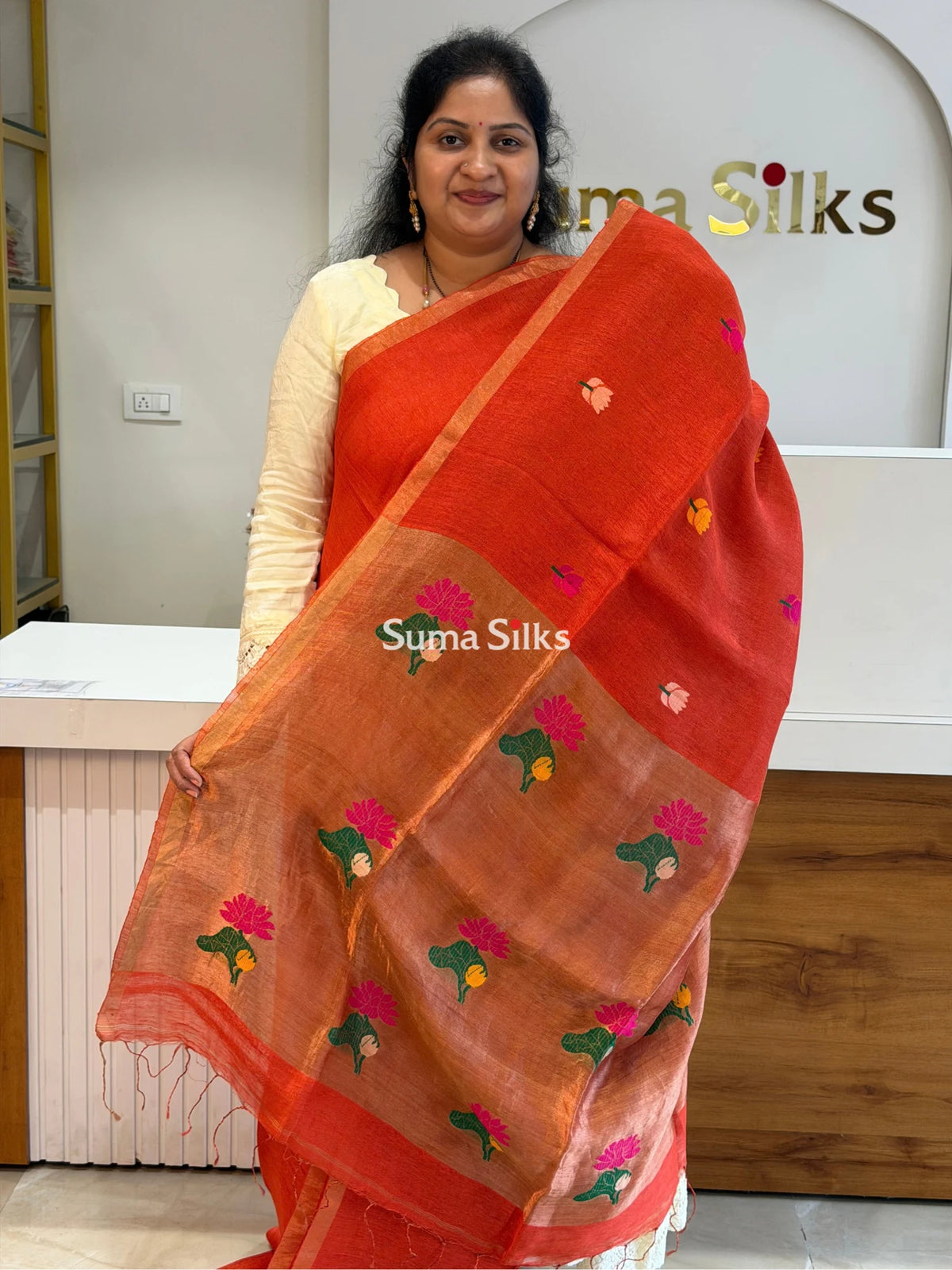 Pure Linen Silk Jamdani Handloom Rust Color Saree