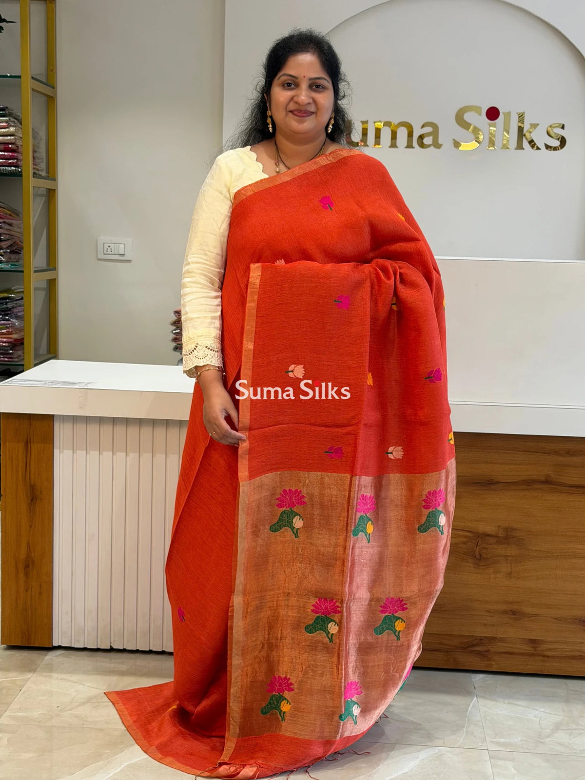 Pure Linen Silk Jamdani Handloom Rust Color Saree