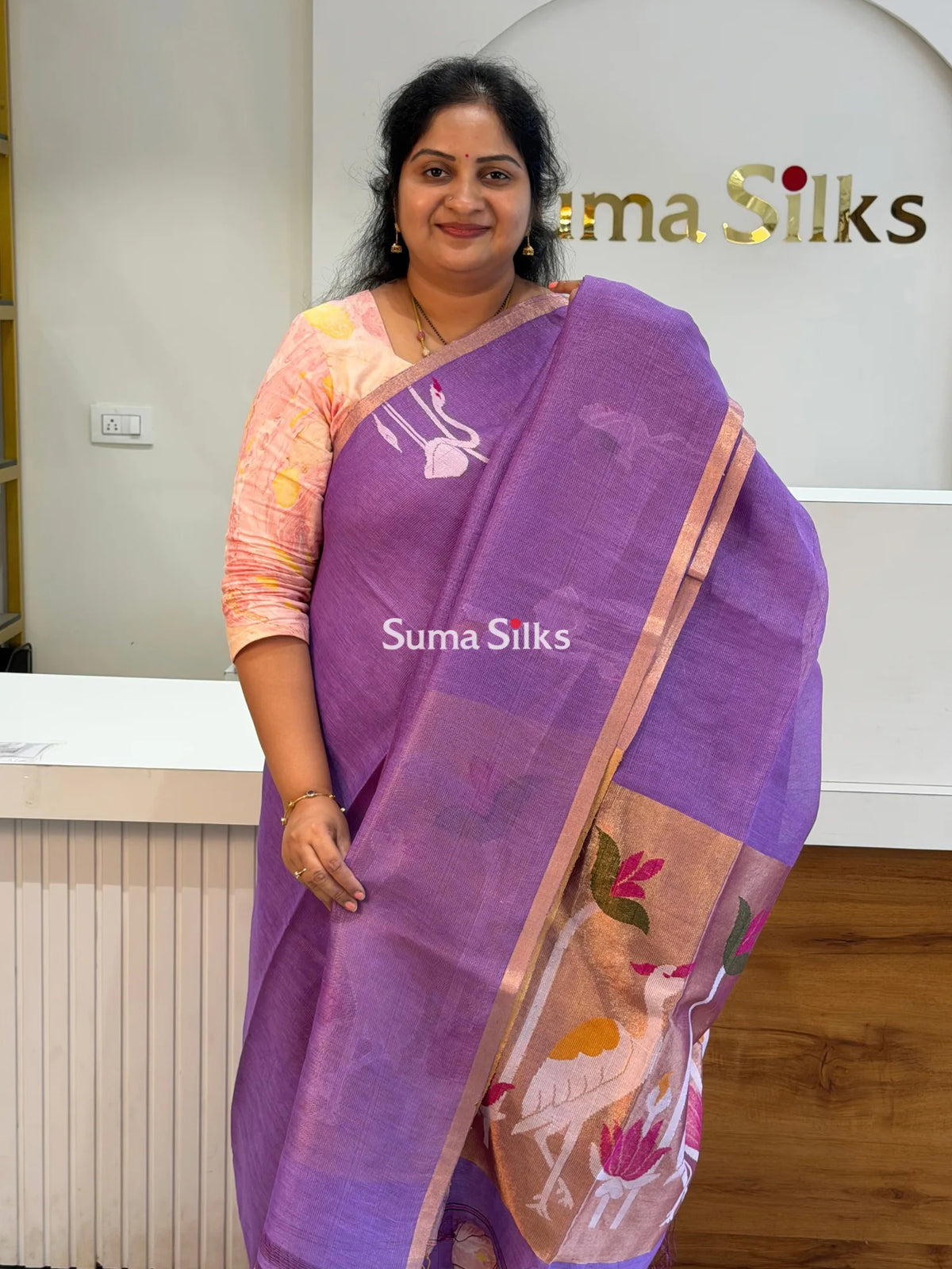 Pure Linen Tissue Jamdani Saree Swan Design Lavender Color