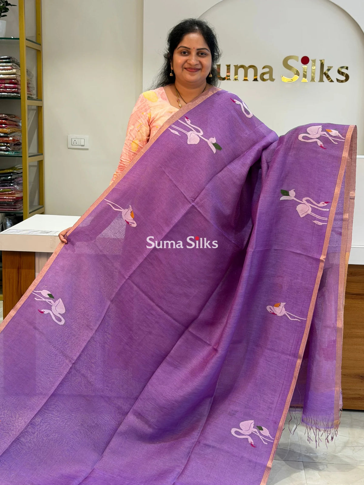 Pure Linen Tissue Jamdani Saree Swan Design Lavender Color