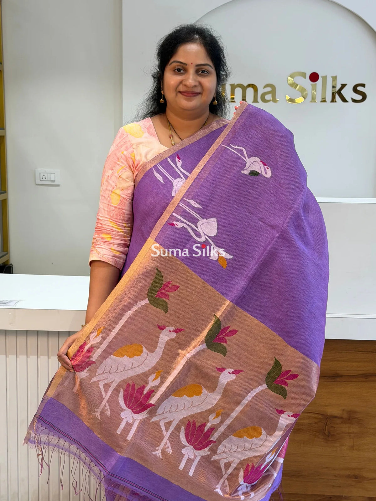 Pure Linen Tissue Jamdani Saree Swan Design Lavender Color