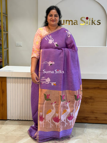 Pure Linen Tissue Jamdani Saree Swan Design Lavender Color