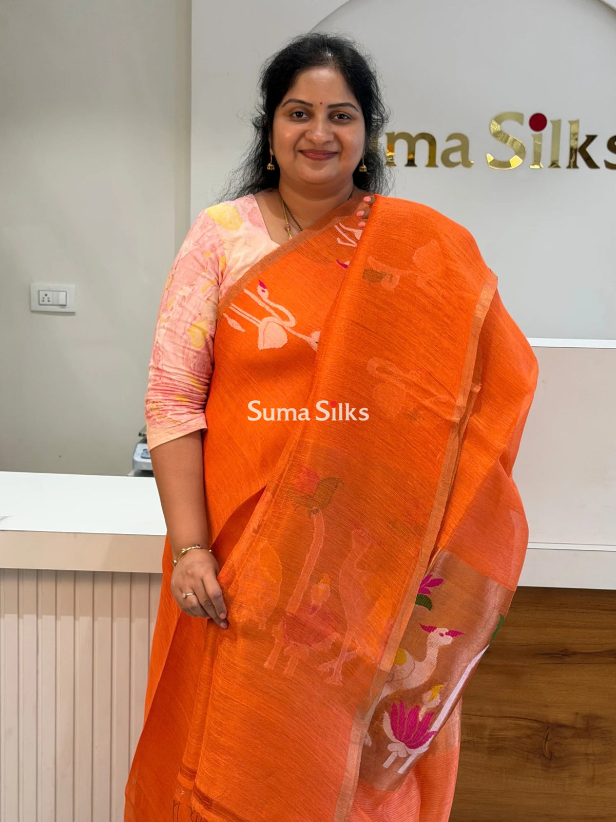 Pure Linen Tissue Jamdani Saree Swan Design Orange Color