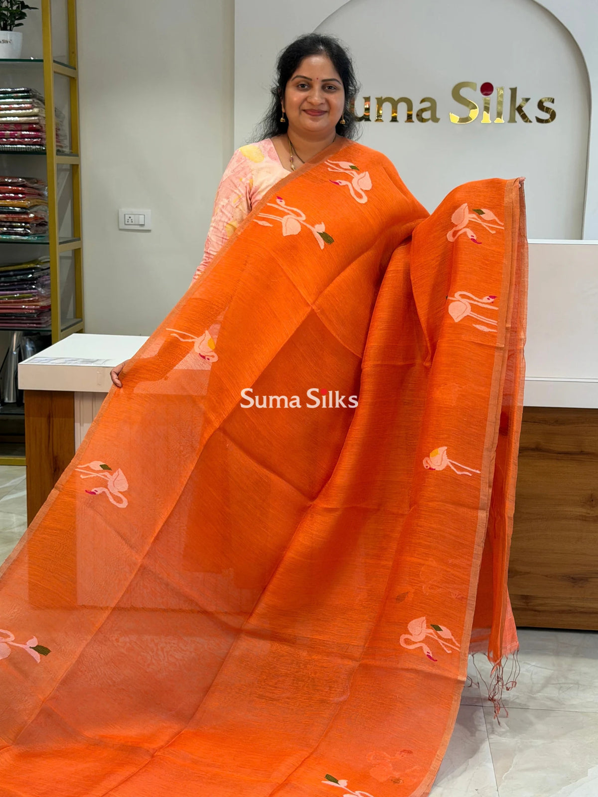 Pure Linen Tissue Jamdani Saree Swan Design Orange Color