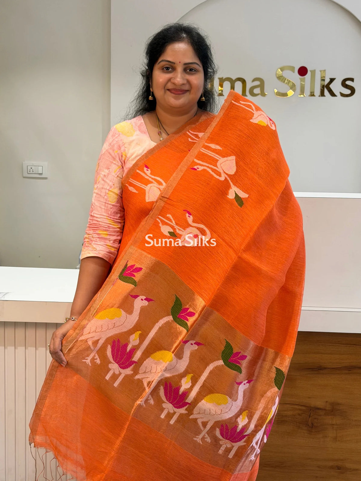Pure Linen Tissue Jamdani Saree Swan Design Orange Color