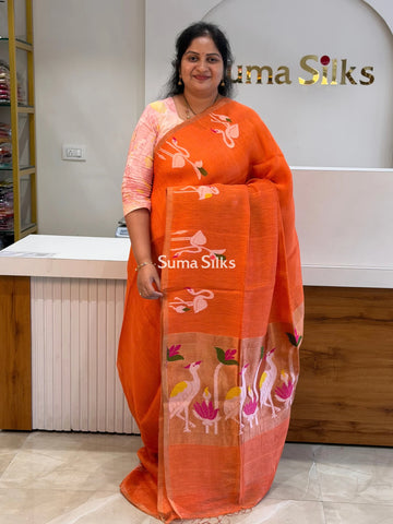 Pure Linen Tissue Jamdani Saree Swan Design Orange Color