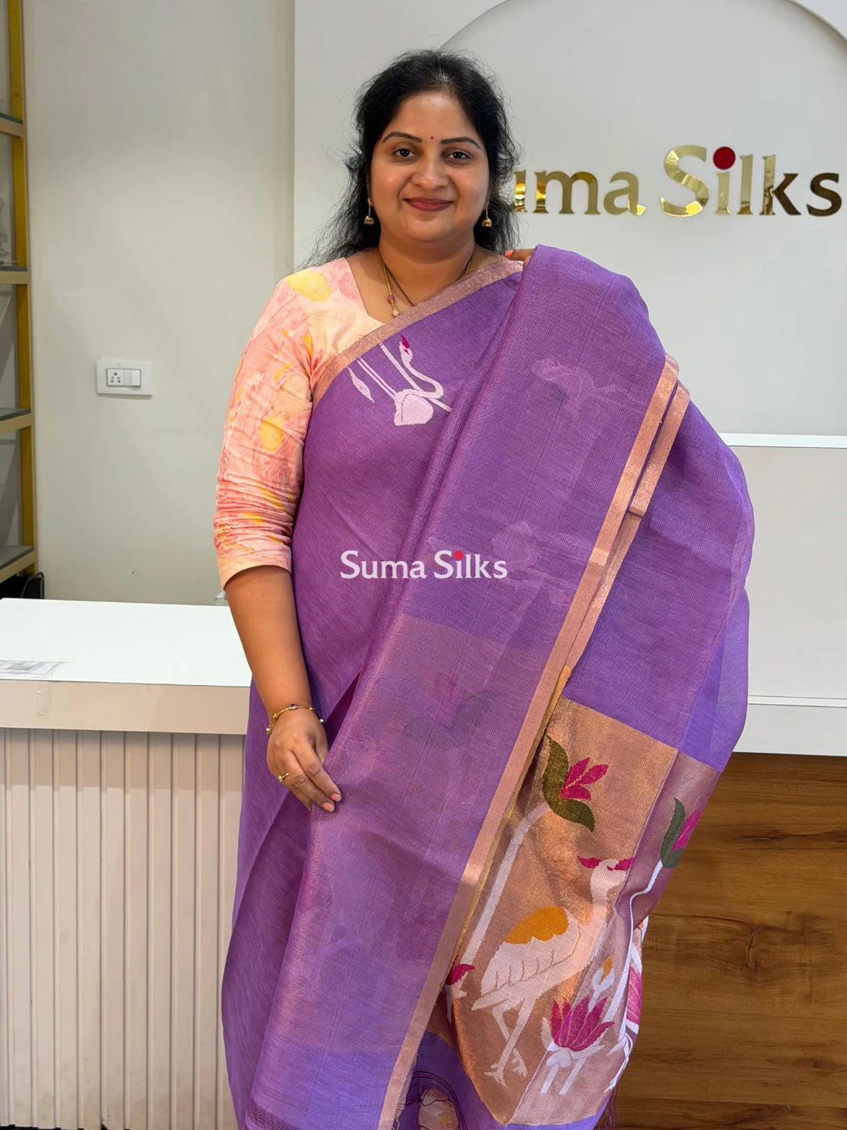Pure Linen Tissue Jamdani Saree Swan Design Wine Color