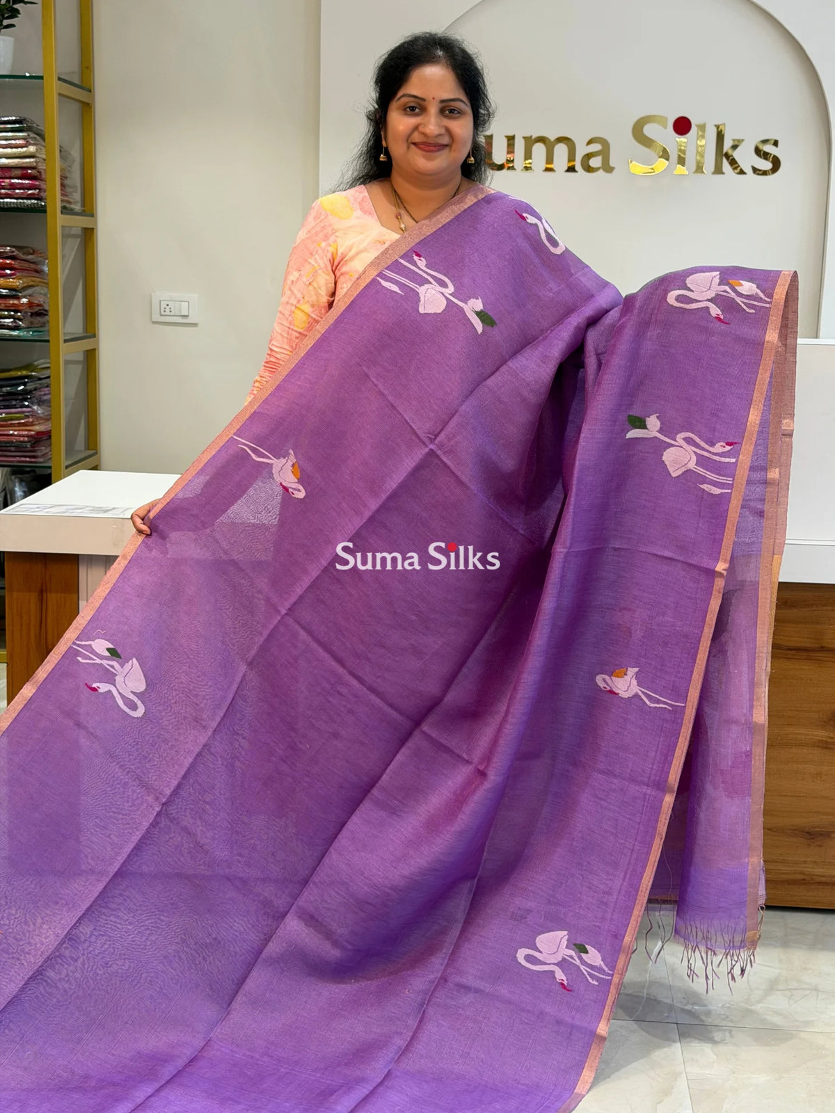 Pure Linen Tissue Jamdani Saree Swan Design Wine Color