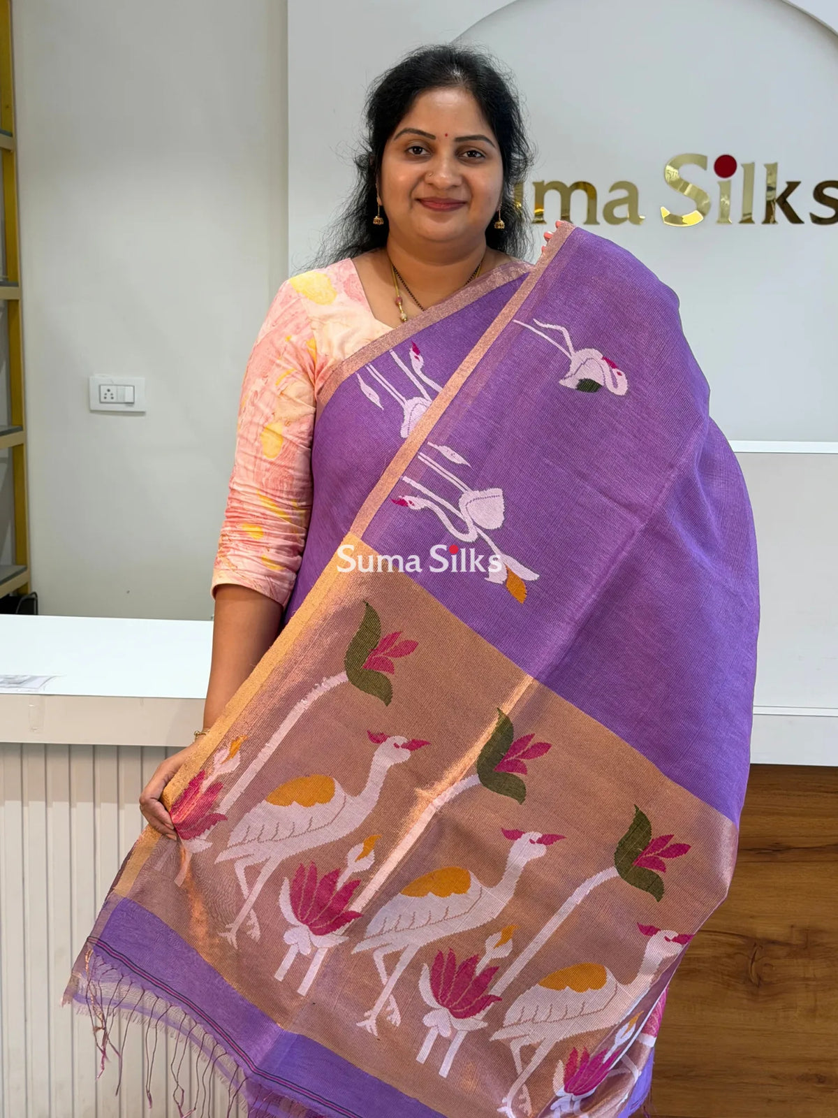 Pure Linen Tissue Jamdani Saree Swan Design Wine Color