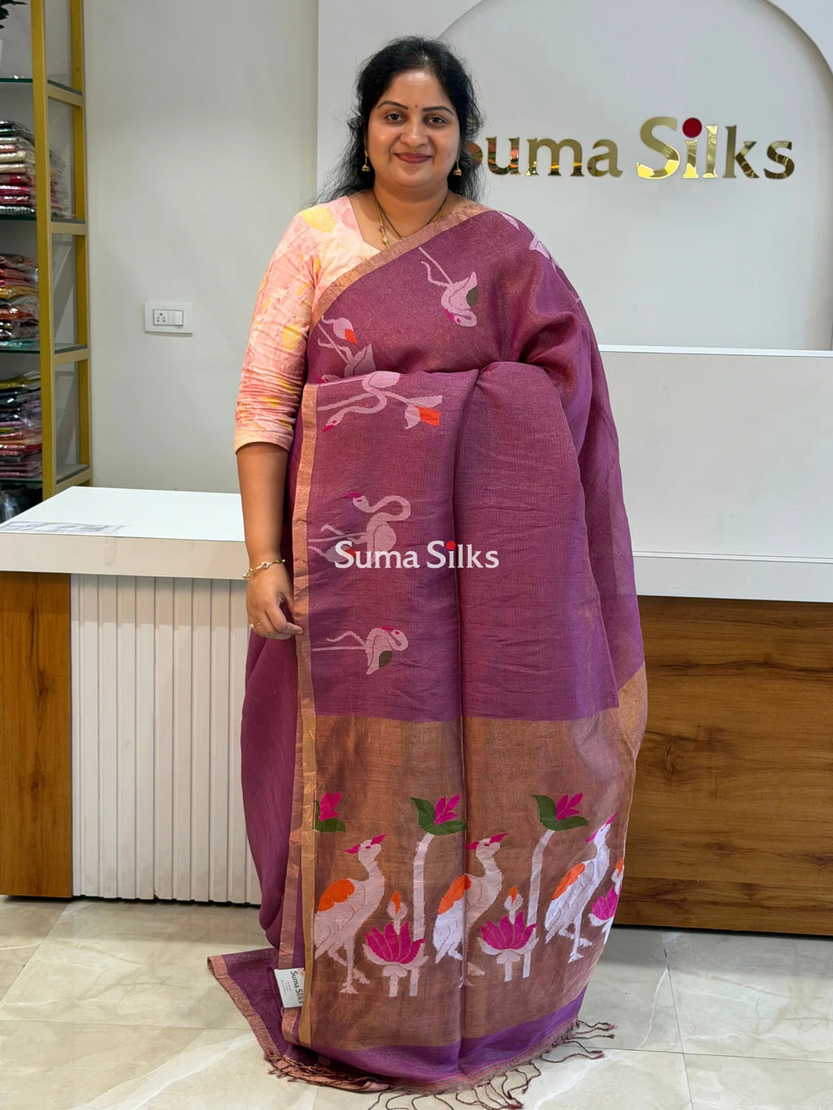 Pure Linen Tissue Jamdani Saree Swan Design Wine Color