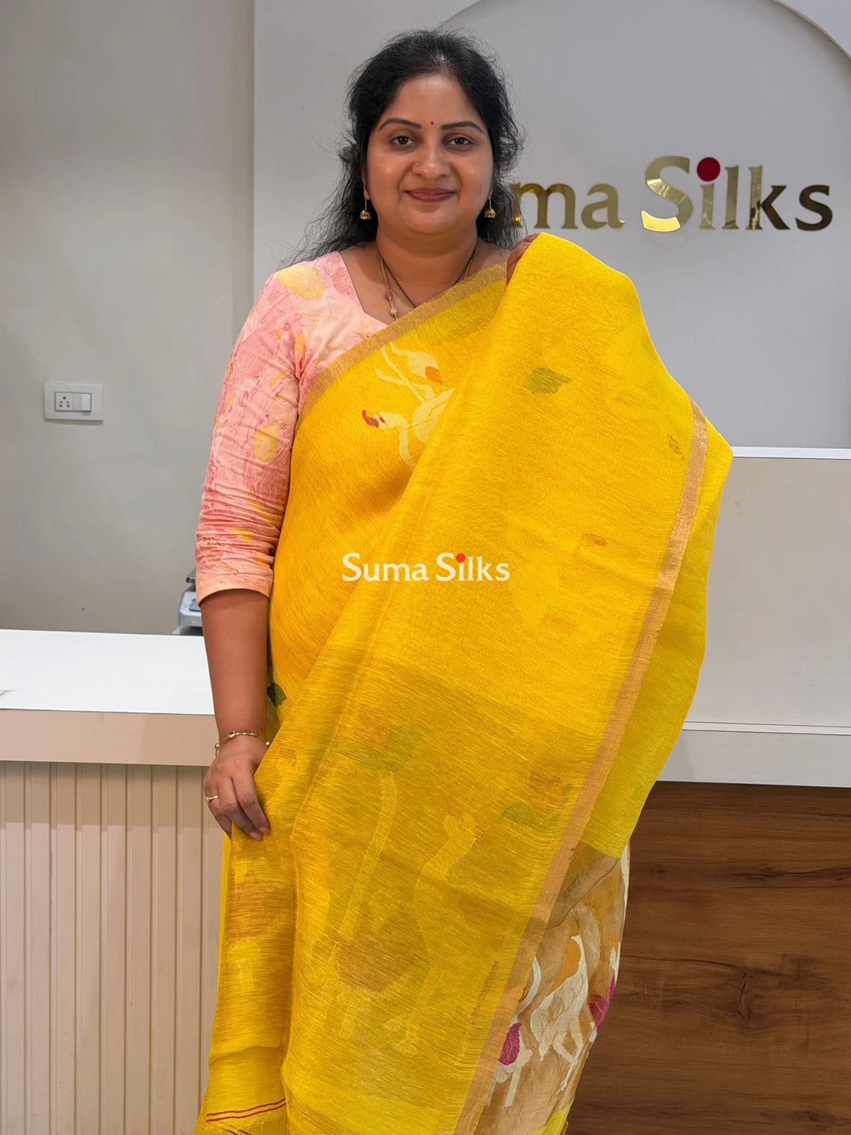 Pure Linen Tissue Jamdani Saree Swan Design Yellow Color