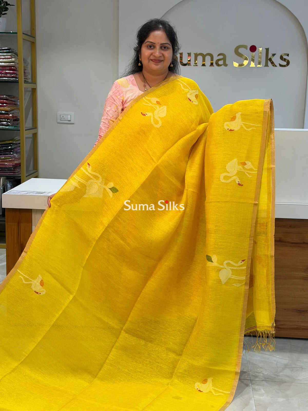 Pure Linen Tissue Jamdani Saree Swan Design Yellow Color