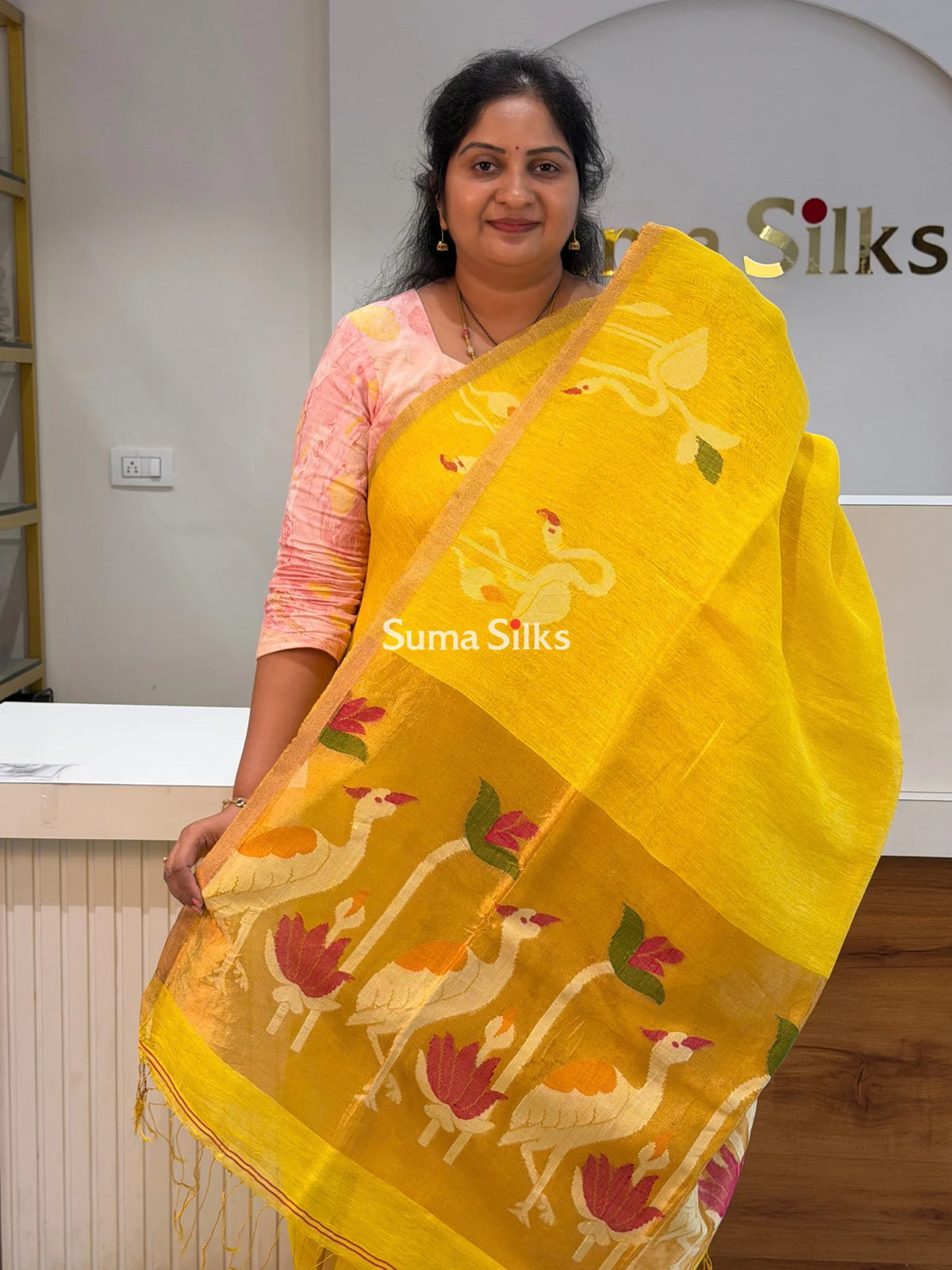 Pure Linen Tissue Jamdani Saree Swan Design Yellow Color
